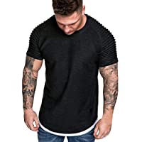 VJGOAL Color sólido de la Moda de Verano de los Hombres Pliegues Delgado patrón de Manga Corta Cuello Redondo Top Casual…